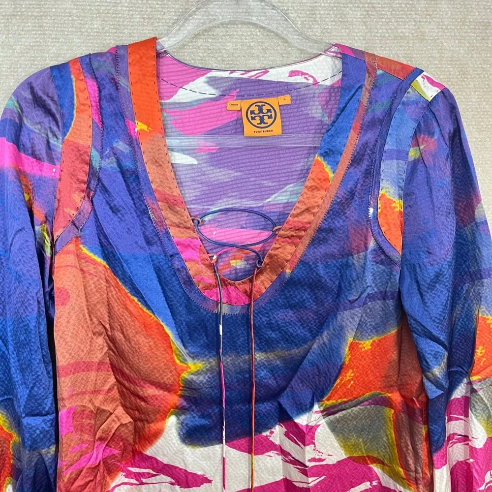 Tory Burch Vibrant Watercolor Splash 100%‎ Silk Flowy Blouse Women's Size 4